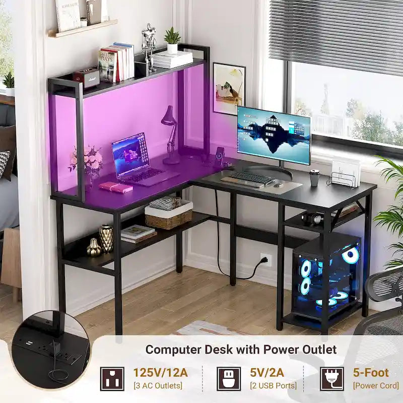 Bureau d'angle en L avec huche et éclairage LED, Blanc / Chêne gris / Marron / Noir, Pour 1