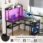 Bureau d'angle en L avec huche et éclairage LED, Blanc / Chêne gris / Marron / Noir, Pour 1