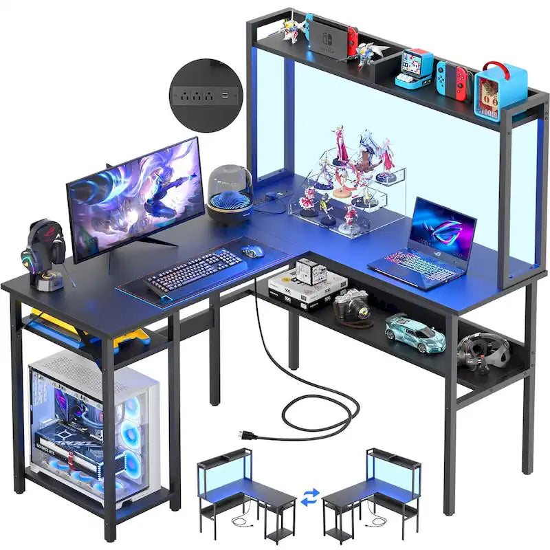 Bureau d'angle en L avec huche et éclairage LED, Blanc / Chêne gris / Marron / Noir, Pour 1