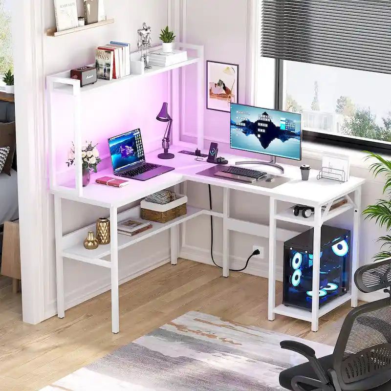 Bureau d'angle en L avec huche et éclairage LED, Blanc / Chêne gris / Marron / Noir, Pour 1