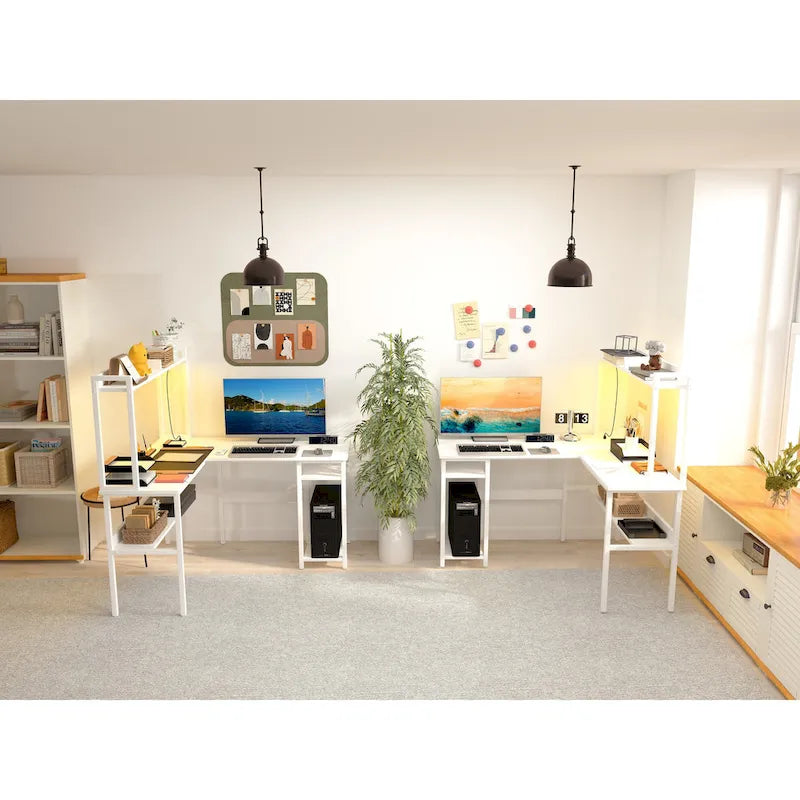 Bureau d'angle en L avec huche et éclairage LED, Blanc / Chêne gris / Marron / Noir, Pour 1