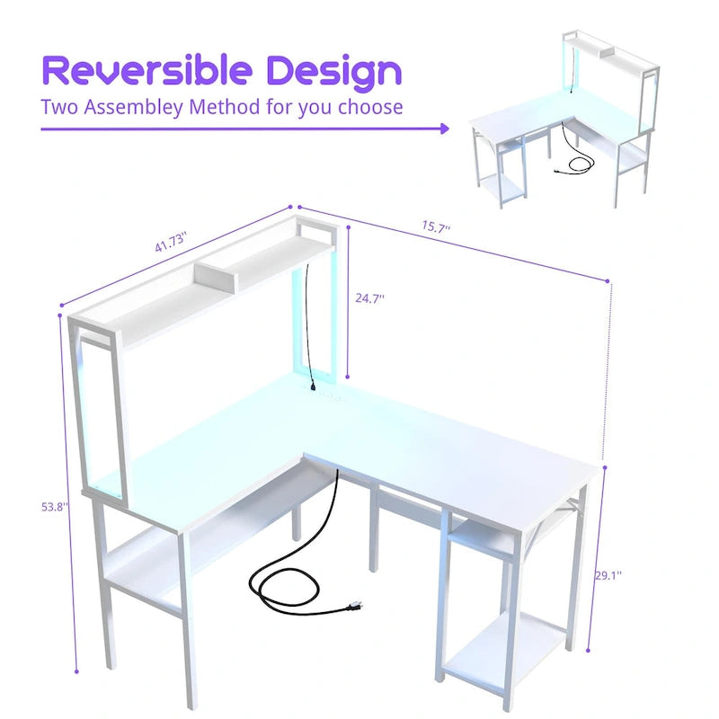 Bureau d'angle en L avec huche et éclairage LED, Blanc / Chêne gris / Marron / Noir, Pour 1