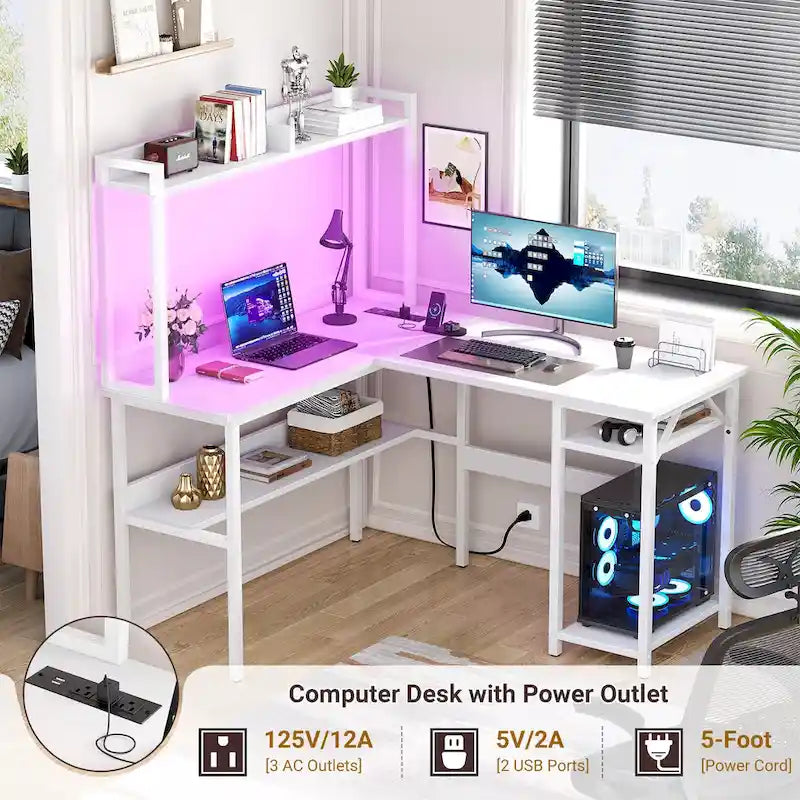 Bureau d'angle en L avec huche et éclairage LED, Blanc / Chêne gris / Marron / Noir, Pour 1