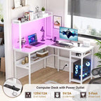 Bureau d'angle en L avec huche et éclairage LED, Blanc / Chêne gris / Marron / Noir, Pour 1