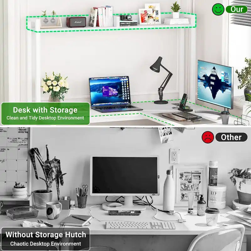 Bureau d'angle en L avec huche et éclairage LED, Blanc / Chêne gris / Marron / Noir, Pour 1