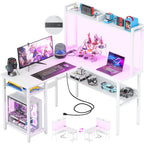 Bureau d'angle en L avec huche et éclairage LED, Blanc / Chêne gris / Marron / Noir, Pour 1