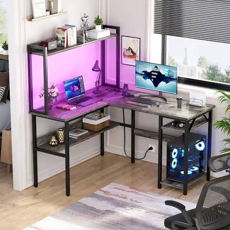 Bureau d'angle en L avec huche et éclairage LED, Blanc / Chêne gris / Marron / Noir, Pour 1