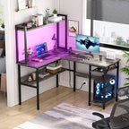 Bureau d'angle en L avec huche et éclairage LED, Blanc / Chêne gris / Marron / Noir, Pour 1