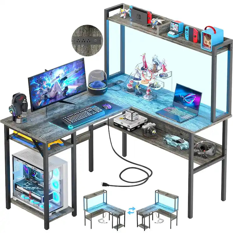 Bureau d'angle en L avec huche et éclairage LED, Blanc / Chêne gris / Marron / Noir, Pour 1