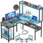 Bureau d'angle en L avec huche et éclairage LED, Blanc / Chêne gris / Marron / Noir, Pour 1