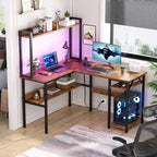 Bureau d'angle en L avec huche et éclairage LED, Blanc / Chêne gris / Marron / Noir, Pour 1
