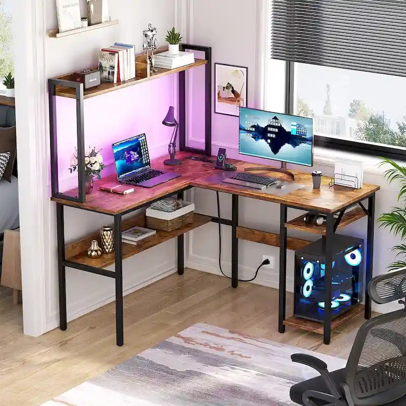 Bureau d'angle en L avec huche et éclairage LED, Blanc / Chêne gris / Marron / Noir, Pour 1