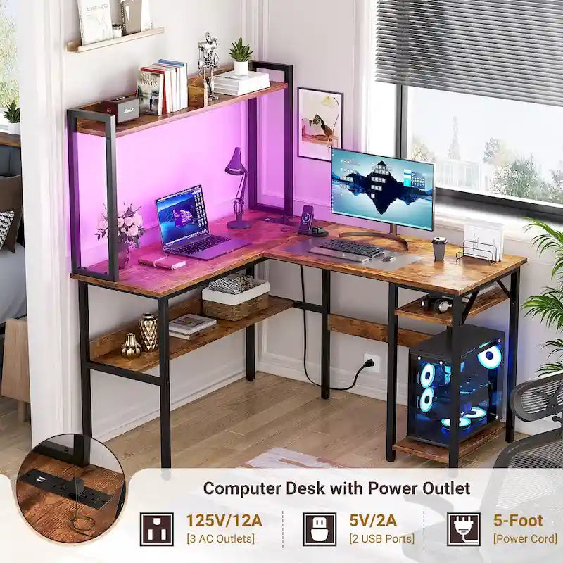 Bureau d'angle en L avec huche et éclairage LED, Blanc / Chêne gris / Marron / Noir, Pour 1