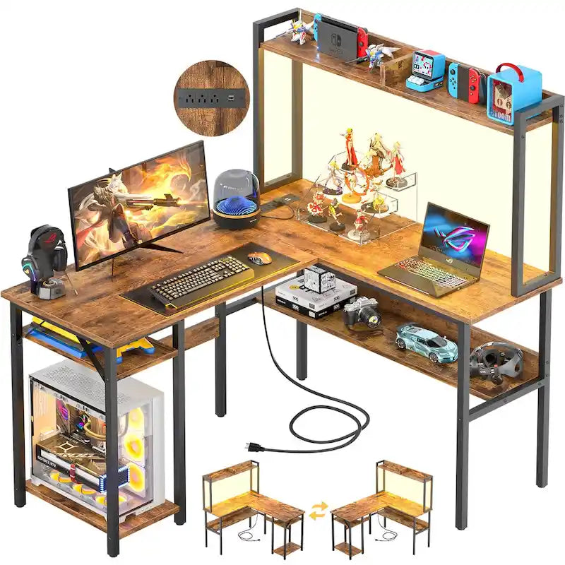 Bureau d'angle en L avec huche et éclairage LED, Blanc / Chêne gris / Marron / Noir, Pour 1
