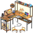 Bureau d'angle en L avec huche et éclairage LED, Blanc / Chêne gris / Marron / Noir, Pour 1