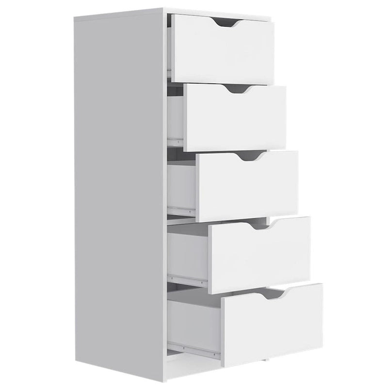Commode verticale moderne à 5 tiroirs, Noir / Blanc, Poignées métalliques, Chambre à coucher
