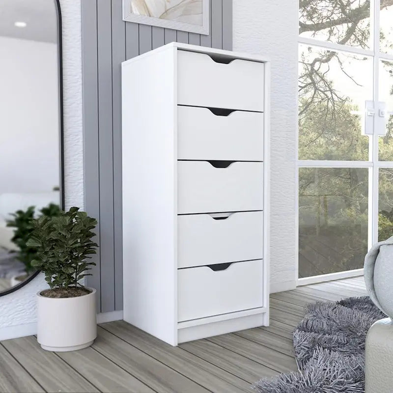 Commode verticale moderne à 5 tiroirs, Noir / Blanc, Poignées métalliques, Chambre à coucher