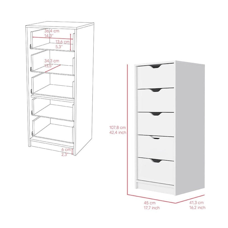 Commode verticale moderne à 5 tiroirs, Noir / Blanc, Poignées métalliques, Chambre à coucher