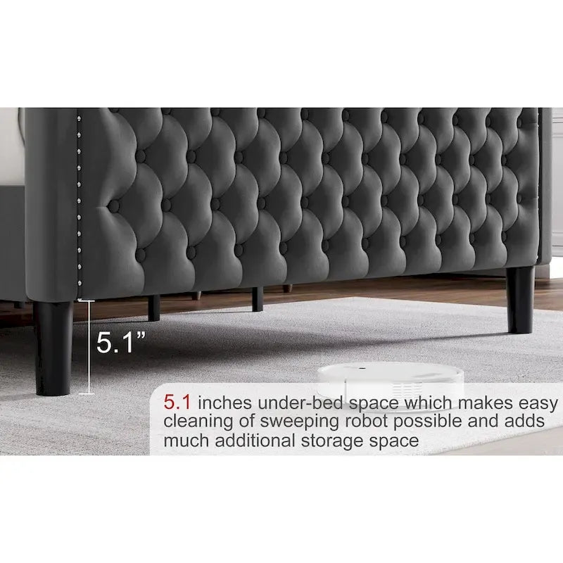 Lit Plateforme Moderne King en Velours, Tête de lit Rembourrée avec Détail de Clous Cuivrés, Pour 2