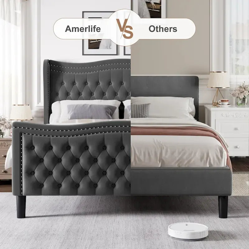 Lit Plateforme Moderne King en Velours, Tête de lit Rembourrée avec Détail de Clous Cuivrés, Pour 2