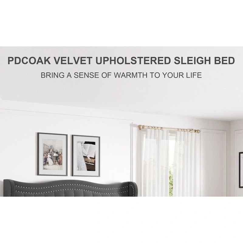 Lit Plateforme Moderne King en Velours, Tête de lit Rembourrée avec Détail de Clous Cuivrés, Pour 2