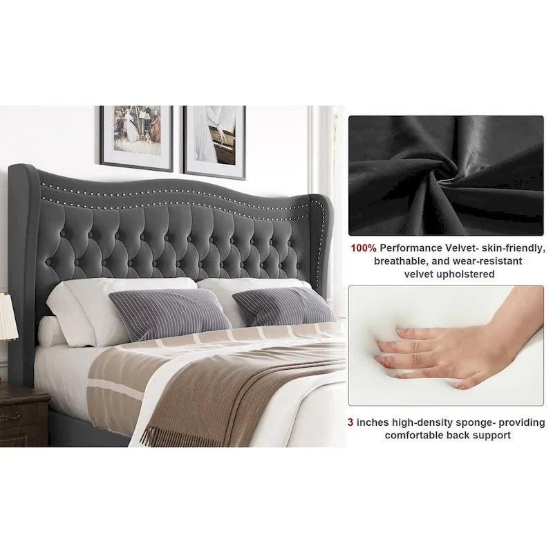 Lit Plateforme Moderne King en Velours, Tête de lit Rembourrée avec Détail de Clous Cuivrés, Pour 2