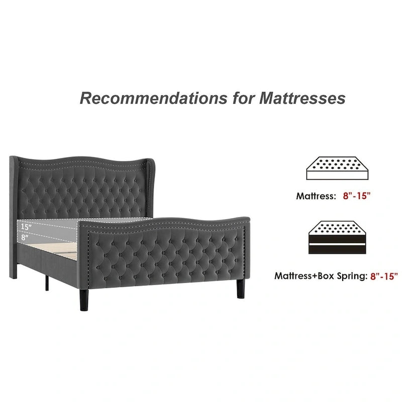 Lit Plateforme Moderne King en Velours, Tête de lit Rembourrée avec Détail de Clous Cuivrés, Pour 2
