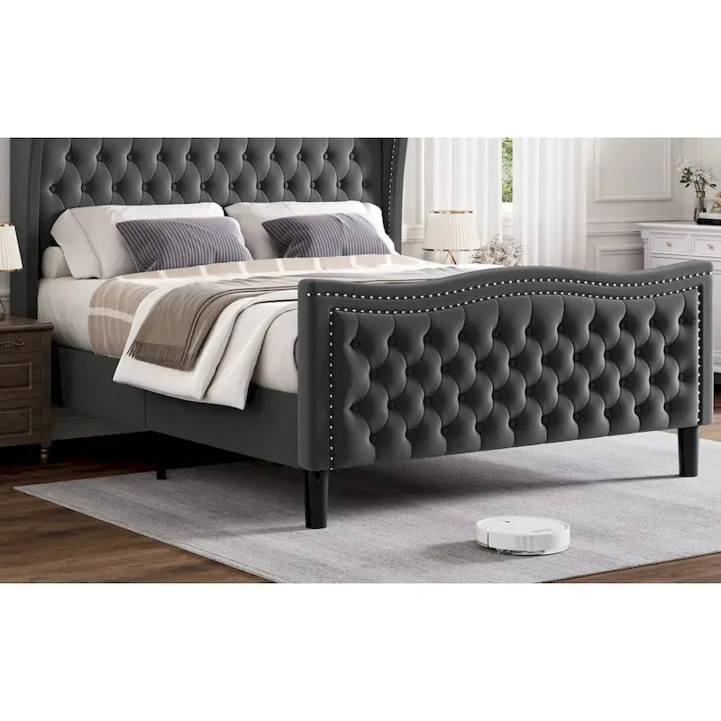 Lit Plateforme Moderne King en Velours, Tête de lit Rembourrée avec Détail de Clous Cuivrés, Pour 2