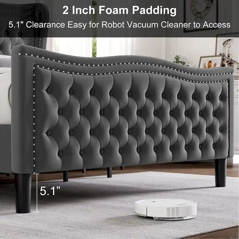 Lit Plateforme Moderne King en Velours, Tête de lit Rembourrée avec Détail de Clous Cuivrés, Pour 2