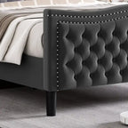 Lit Plateforme Moderne King en Velours, Tête de lit Rembourrée avec Détail de Clous Cuivrés, Pour 2