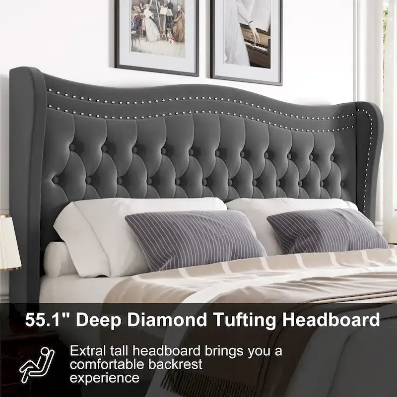 Lit Plateforme Moderne King en Velours, Tête de lit Rembourrée avec Détail de Clous Cuivrés, Pour 2