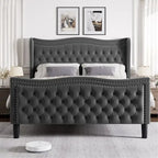 Lit Plateforme Moderne King en Velours, Tête de lit Rembourrée avec Détail de Clous Cuivrés, Pour 2
