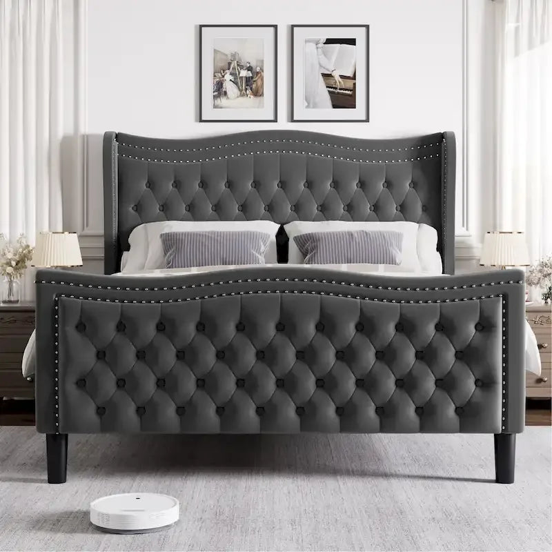 Lit Plateforme Moderne King en Velours, Tête de lit Rembourrée avec Détail de Clous Cuivrés, Pour 2