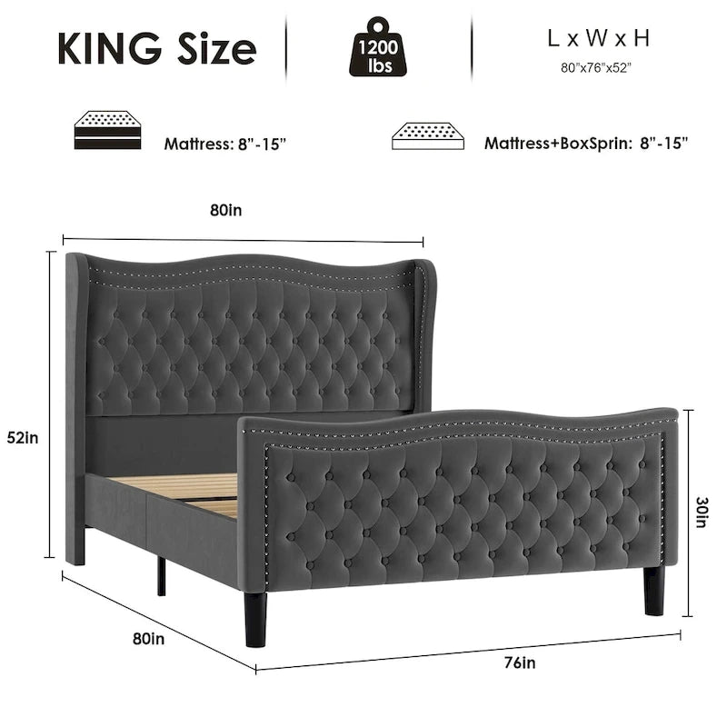 Lit Plateforme Moderne King en Velours, Tête de lit Rembourrée avec Détail de Clous Cuivrés, Pour 2