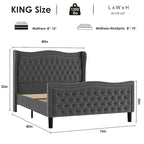 Lit Plateforme Moderne King en Velours, Tête de lit Rembourrée avec Détail de Clous Cuivrés, Pour 2