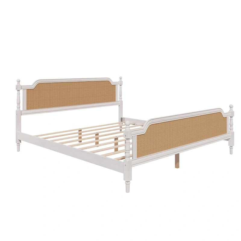 Lit plateforme en rotin style provincial français, Noyer / Blanc antique, Queen / King, Pour 2