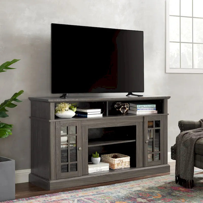 Meuble TV Classique Espresso / Gris Lavé / Noir et Noyer Foncé avec Rangement Ouvert et Fermé, Convient aux TV jusqu'à 65"