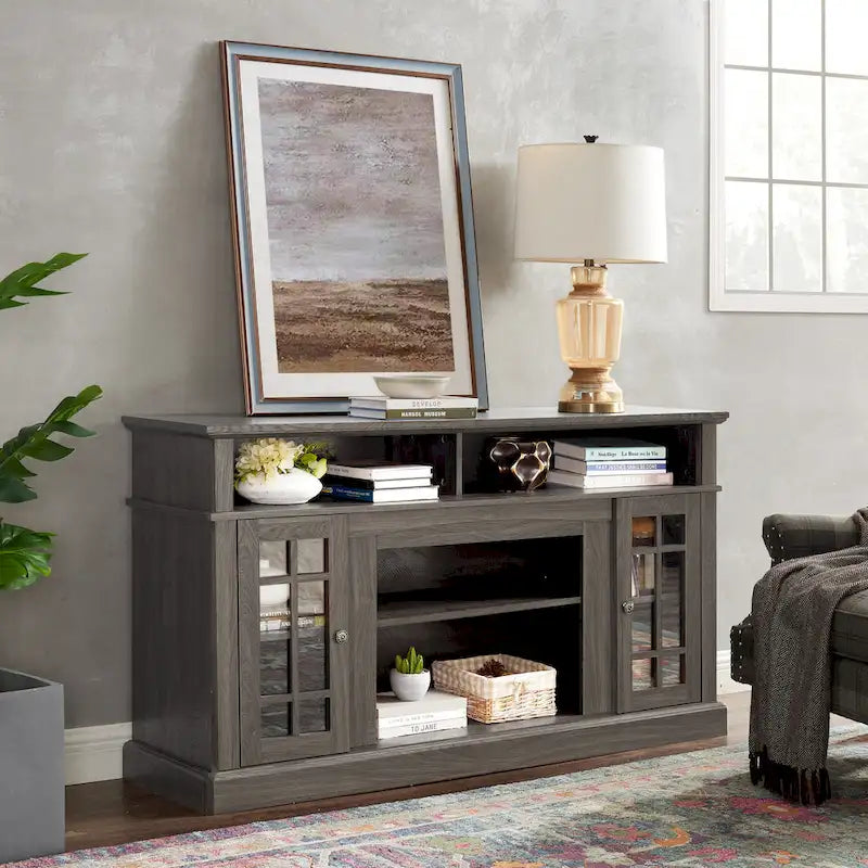 Meuble TV Classique Espresso / Gris Lavé / Noir et Noyer Foncé avec Rangement Ouvert et Fermé, Convient aux TV jusqu'à 65"
