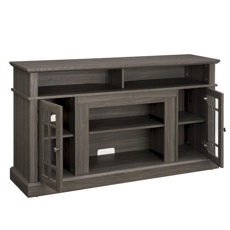 Meuble TV Classique Espresso / Gris Lavé / Noir et Noyer Foncé avec Rangement Ouvert et Fermé, Convient aux TV jusqu'à 65"