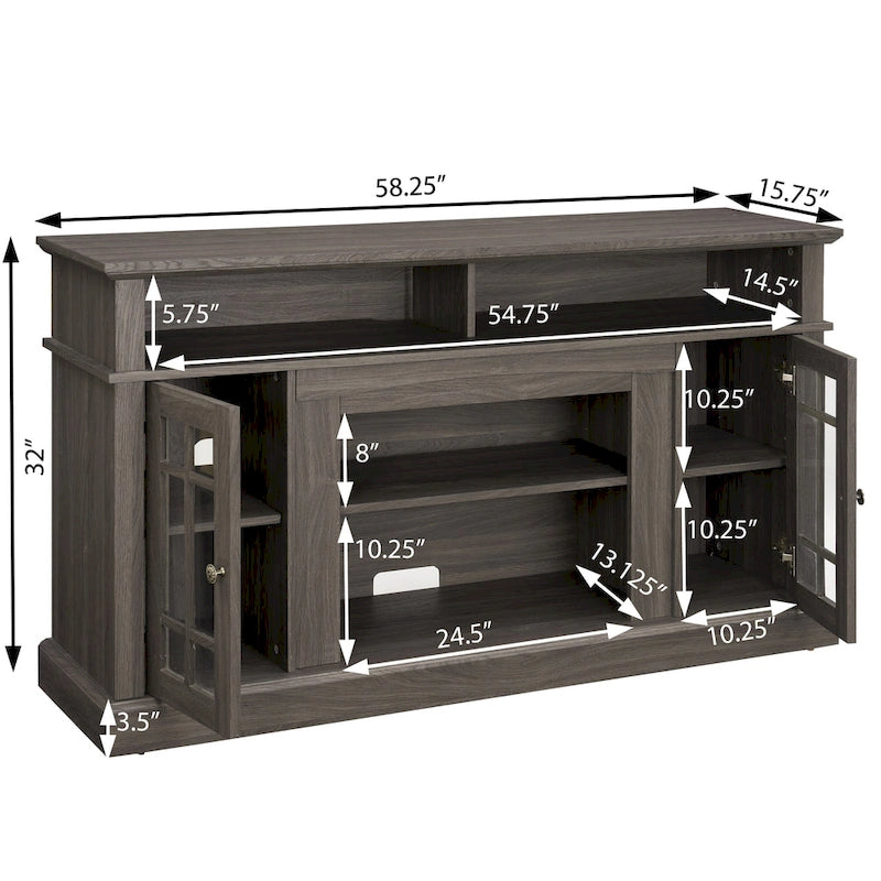 Meuble TV Classique Espresso / Gris Lavé / Noir et Noyer Foncé avec Rangement Ouvert et Fermé, Convient aux TV jusqu'à 65"