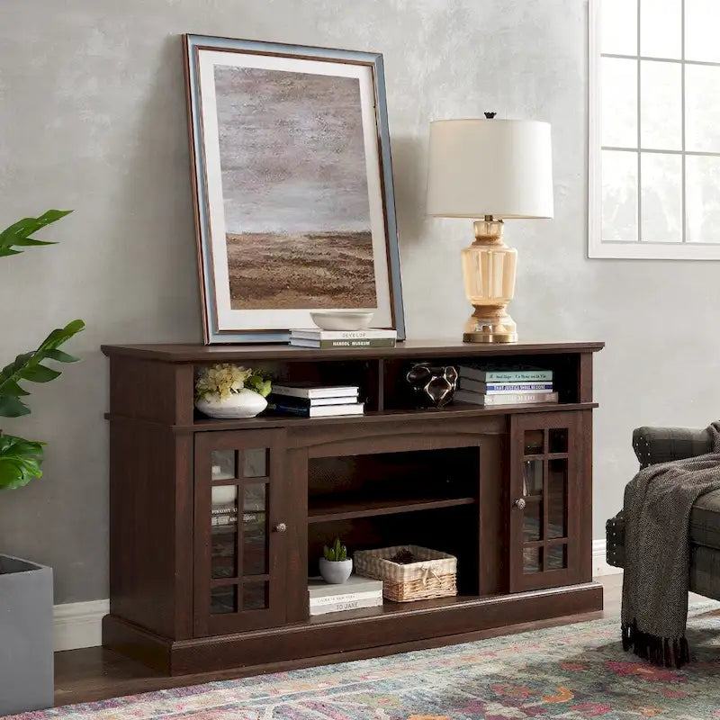 Meuble TV Classique Espresso / Gris Lavé / Noir et Noyer Foncé avec Rangement Ouvert et Fermé, Convient aux TV jusqu'à 65"