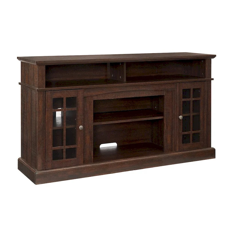 Meuble TV Classique Espresso / Gris Lavé / Noir et Noyer Foncé avec Rangement Ouvert et Fermé, Convient aux TV jusqu'à 65"
