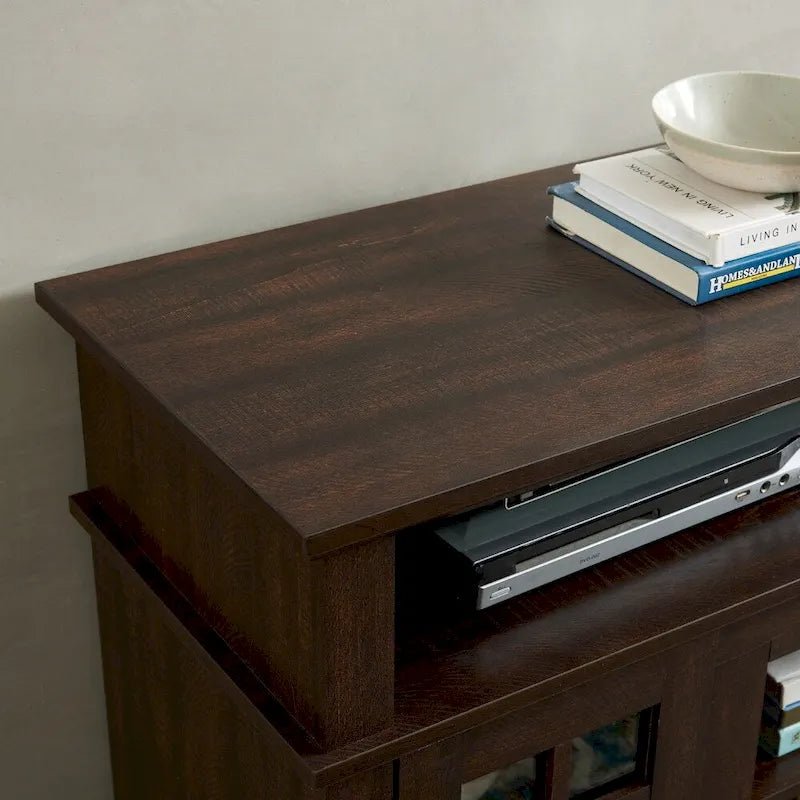 Meuble TV Classique Espresso / Gris Lavé / Noir et Noyer Foncé avec Rangement Ouvert et Fermé, Convient aux TV jusqu'à 65"