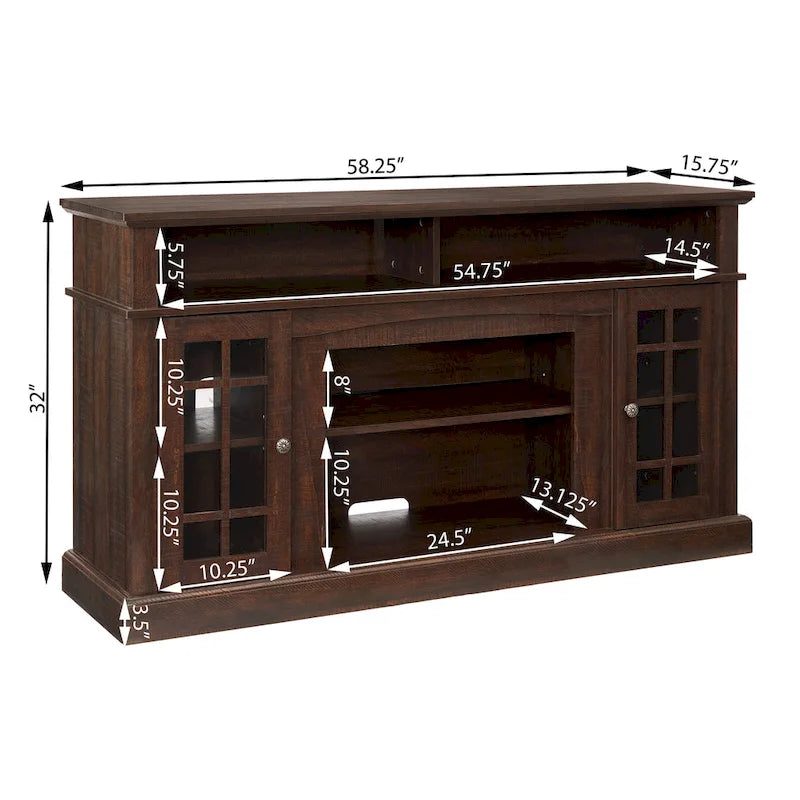 Meuble TV Classique Espresso / Gris Lavé / Noir et Noyer Foncé avec Rangement Ouvert et Fermé, Convient aux TV jusqu'à 65"