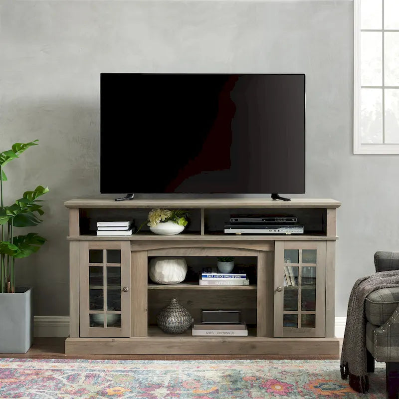 Meuble TV Classique Espresso / Gris Lavé / Noir et Noyer Foncé avec Rangement Ouvert et Fermé, Convient aux TV jusqu'à 65"
