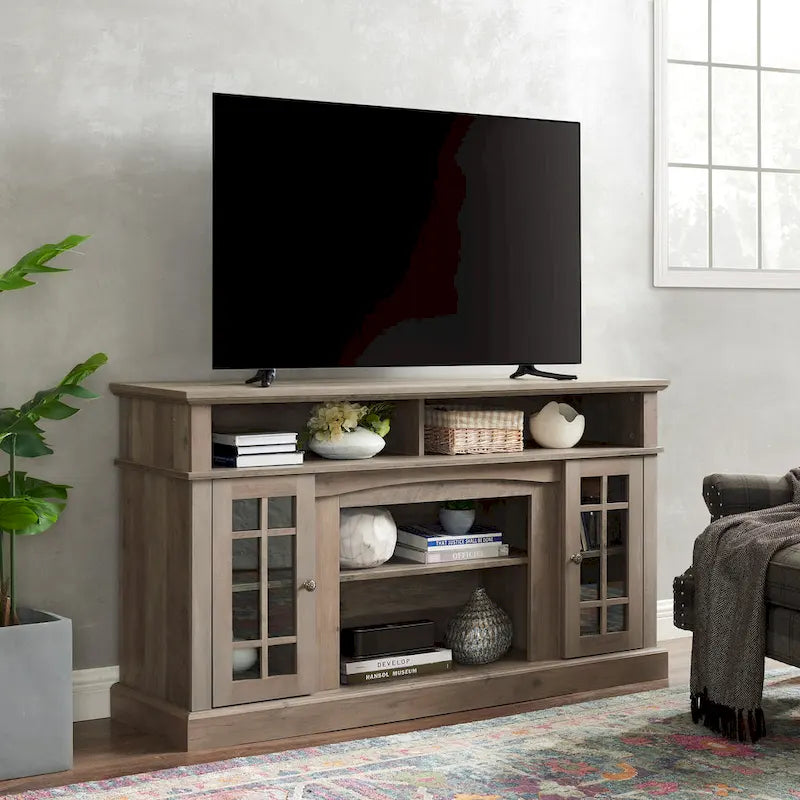 Meuble TV Classique Espresso / Gris Lavé / Noir et Noyer Foncé avec Rangement Ouvert et Fermé, Convient aux TV jusqu'à 65"