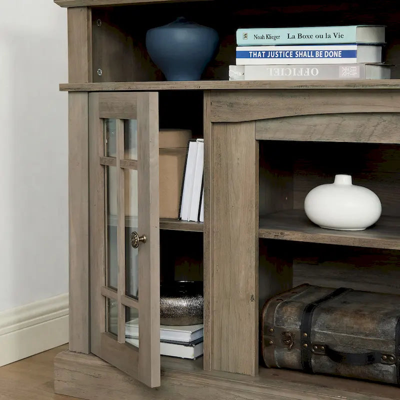 Meuble TV Classique Espresso / Gris Lavé / Noir et Noyer Foncé avec Rangement Ouvert et Fermé, Convient aux TV jusqu'à 65"