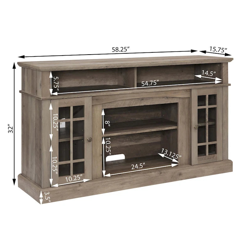Meuble TV Classique Espresso / Gris Lavé / Noir et Noyer Foncé avec Rangement Ouvert et Fermé, Convient aux TV jusqu'à 65"