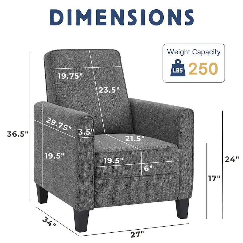 Fauteuil inclinable dossier poussoir traditionnel en tissu beige / gris / bleu avec repose-pieds caché, simple