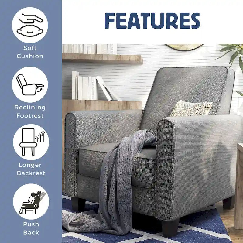 Fauteuil inclinable dossier poussoir traditionnel en tissu beige / gris / bleu avec repose-pieds caché, simple